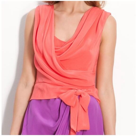 Suzy Chin Coral Purple Two-Tone Draped Faux Wrap Sleeveless Mini Dress Size 12 - Picture 2 of 12